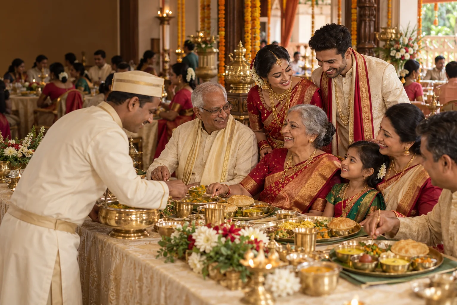 Illustrative Indian family celebrating together as vegetarian food is served